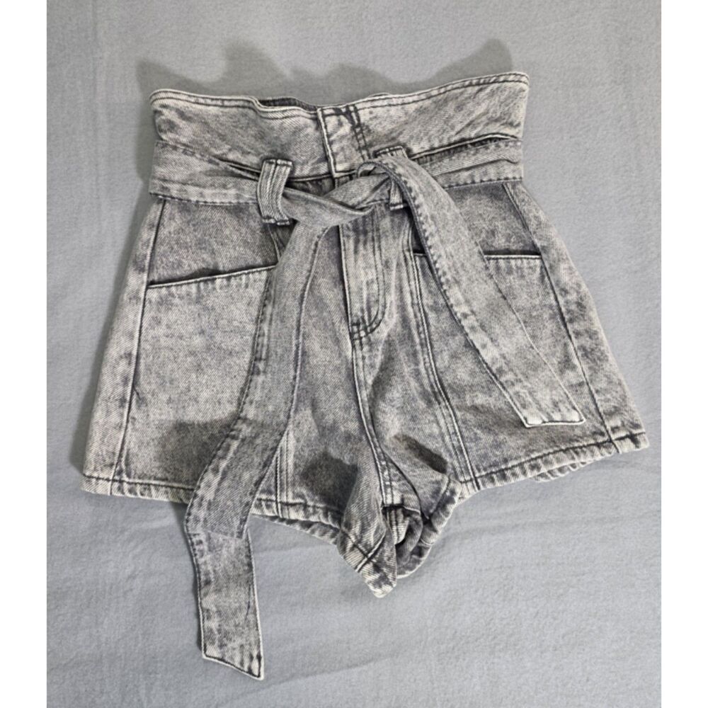 BLANKNYC‎ Womens 25 Grey Acid Wash High Waist Paperbag Tie Belt Denim Shorts